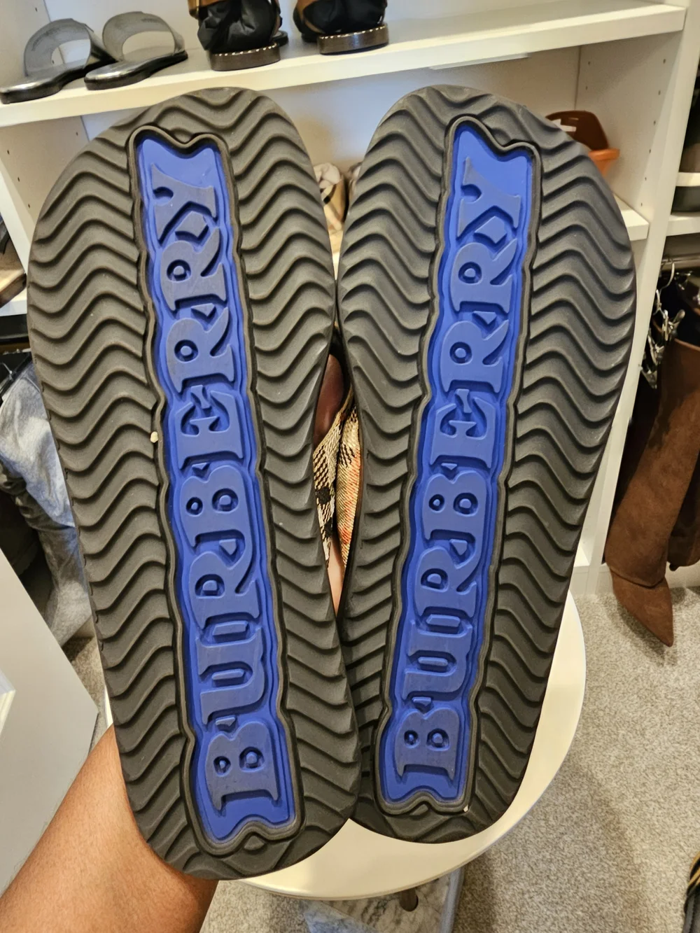 Burberry Black & Tan Plaid Thong Sandals